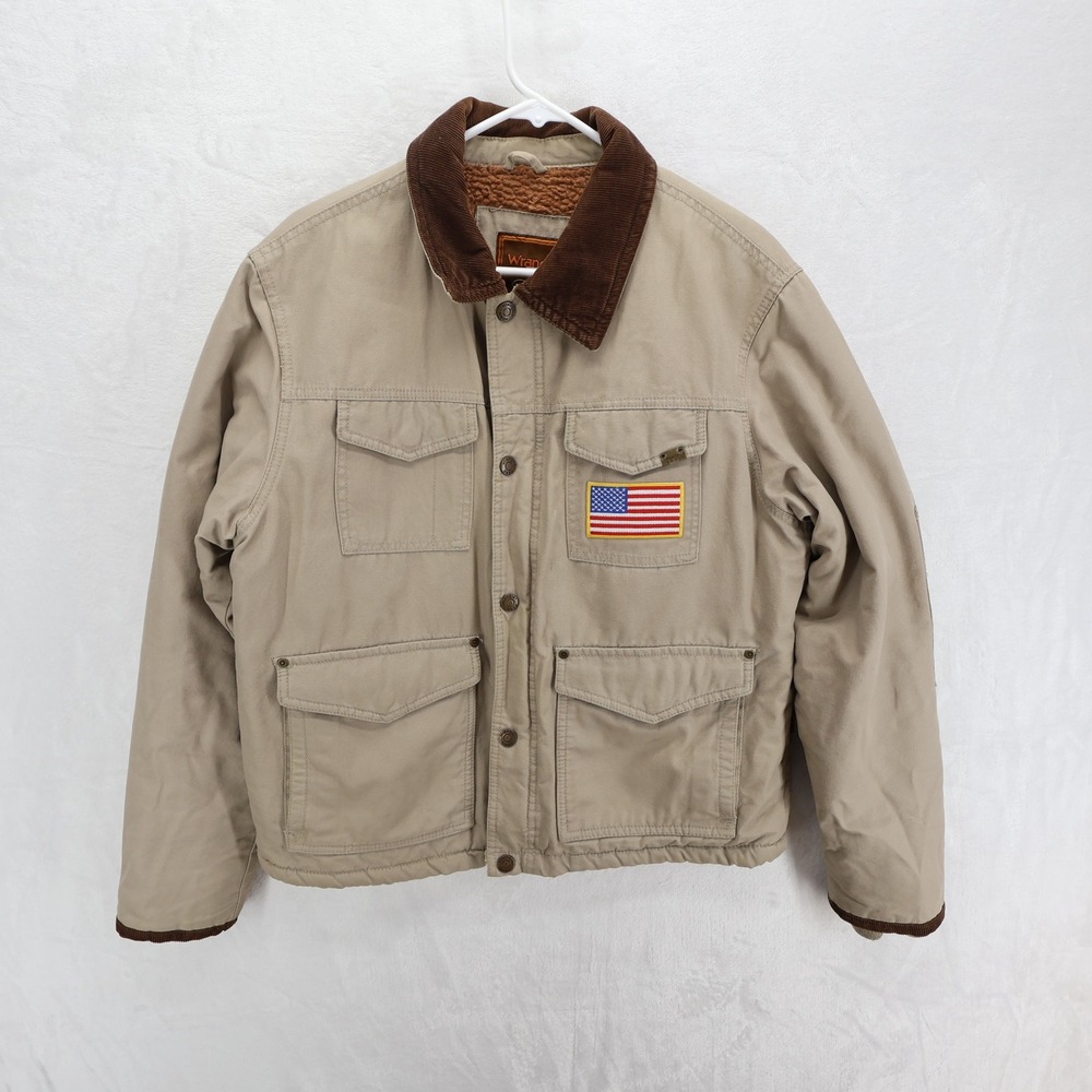 Wrangler Hero Mens Khaki Canvas Sherpa Lined Field Jacket American Flag Patch M